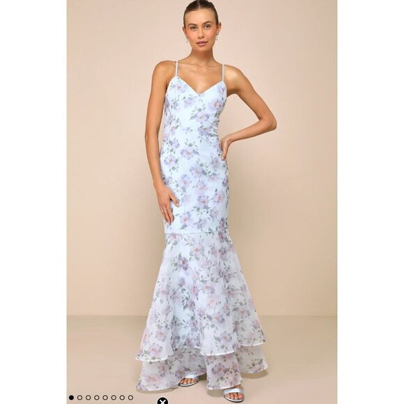 Lulus Pure Splendor Organza Trumpet Maxi Dress Womens Size M Light Blue Floral - Picture 1 of 12